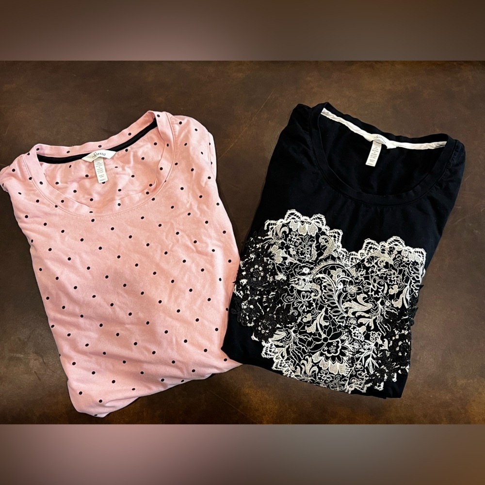 Soma Bundle 2 Sleep Shirts 3/4 Sleeve Pink w/ Black Polka Dot & Black w/ white